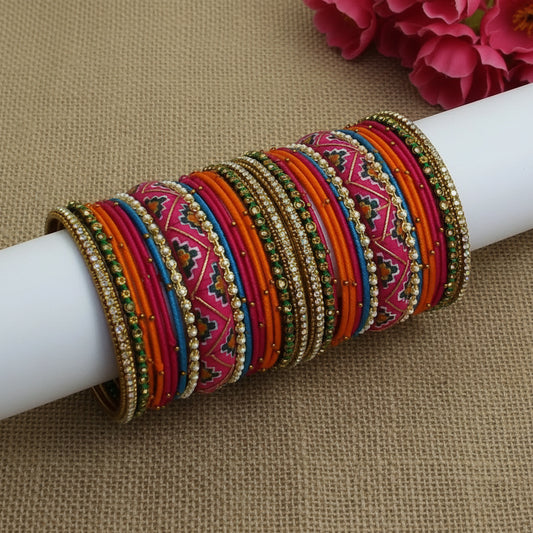Pink Ikkat handpainted bangle set