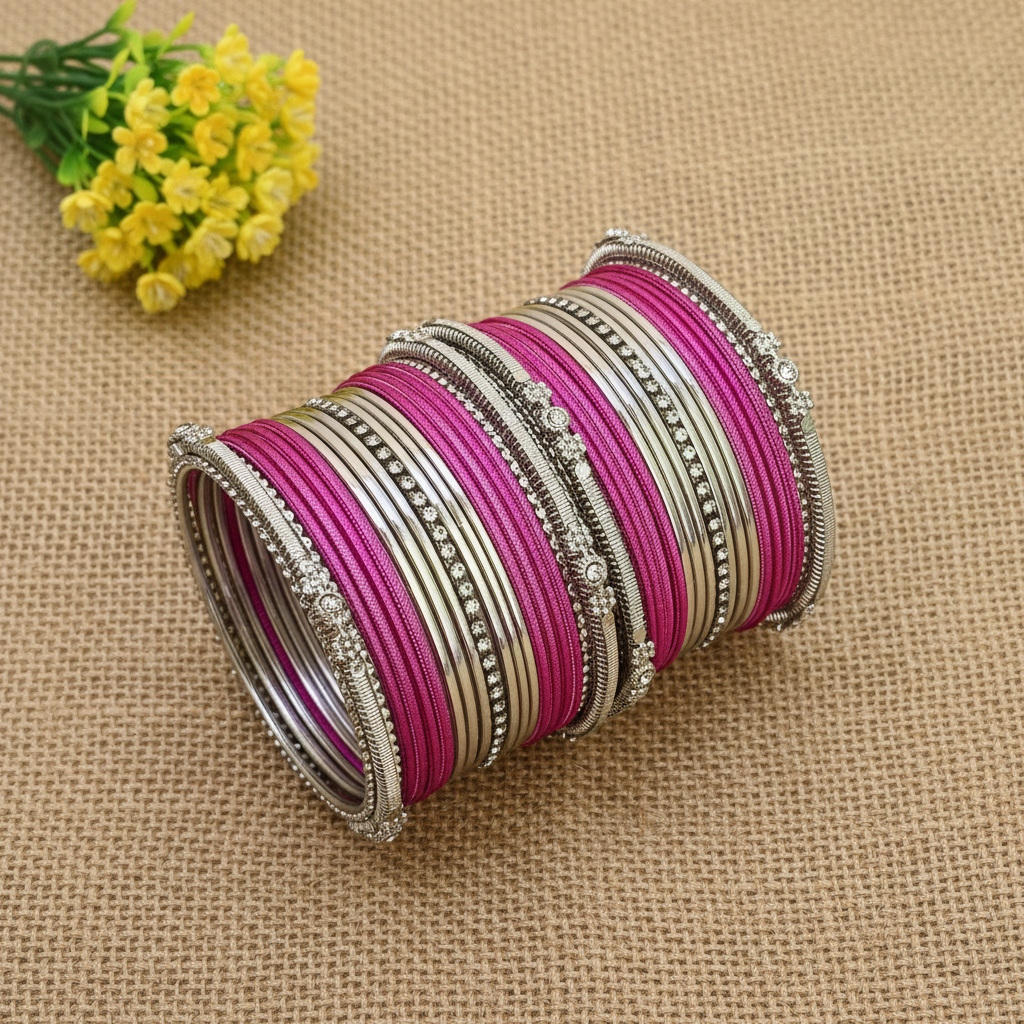Metallic pink silver bangle set