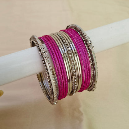 Metallic pink silver bangle set