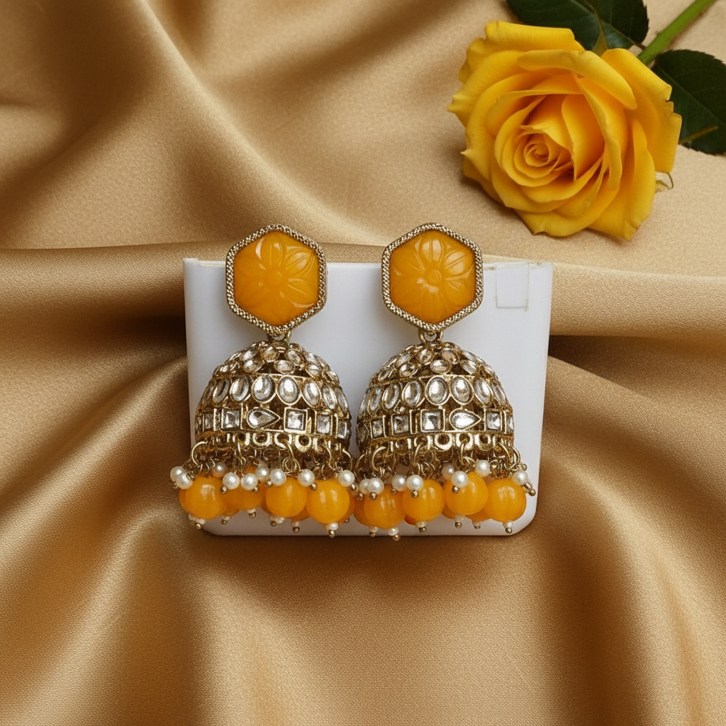 Yellow  kundan Jhumkis