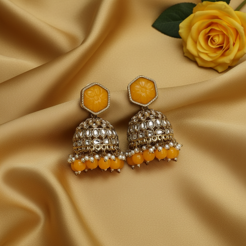 Yellow  kundan Jhumkis