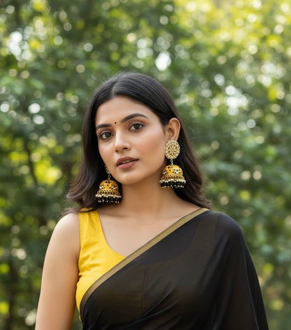 Yellow and black meenakari Jhumkis with kundan floral studs