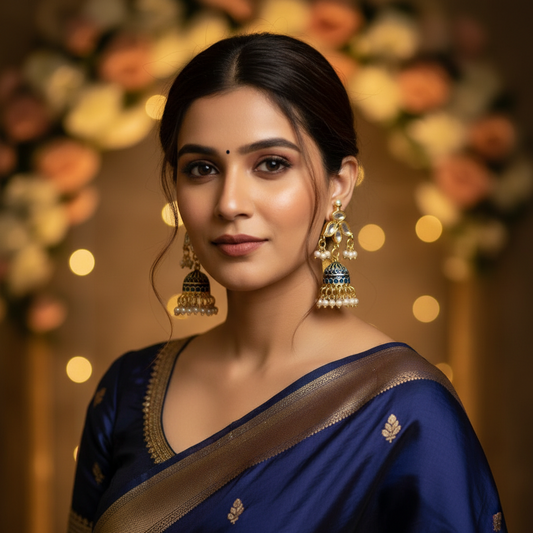 Navy blue meenakari jhumkis with kundan studs