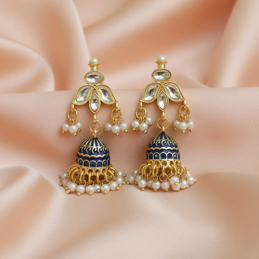 Navy blue meenakari jhumkis with kundan studs