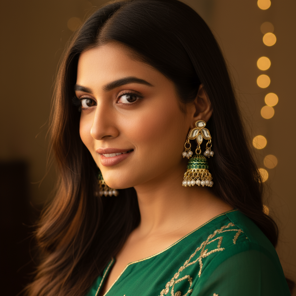 Green pearl meenakari Jhumkis