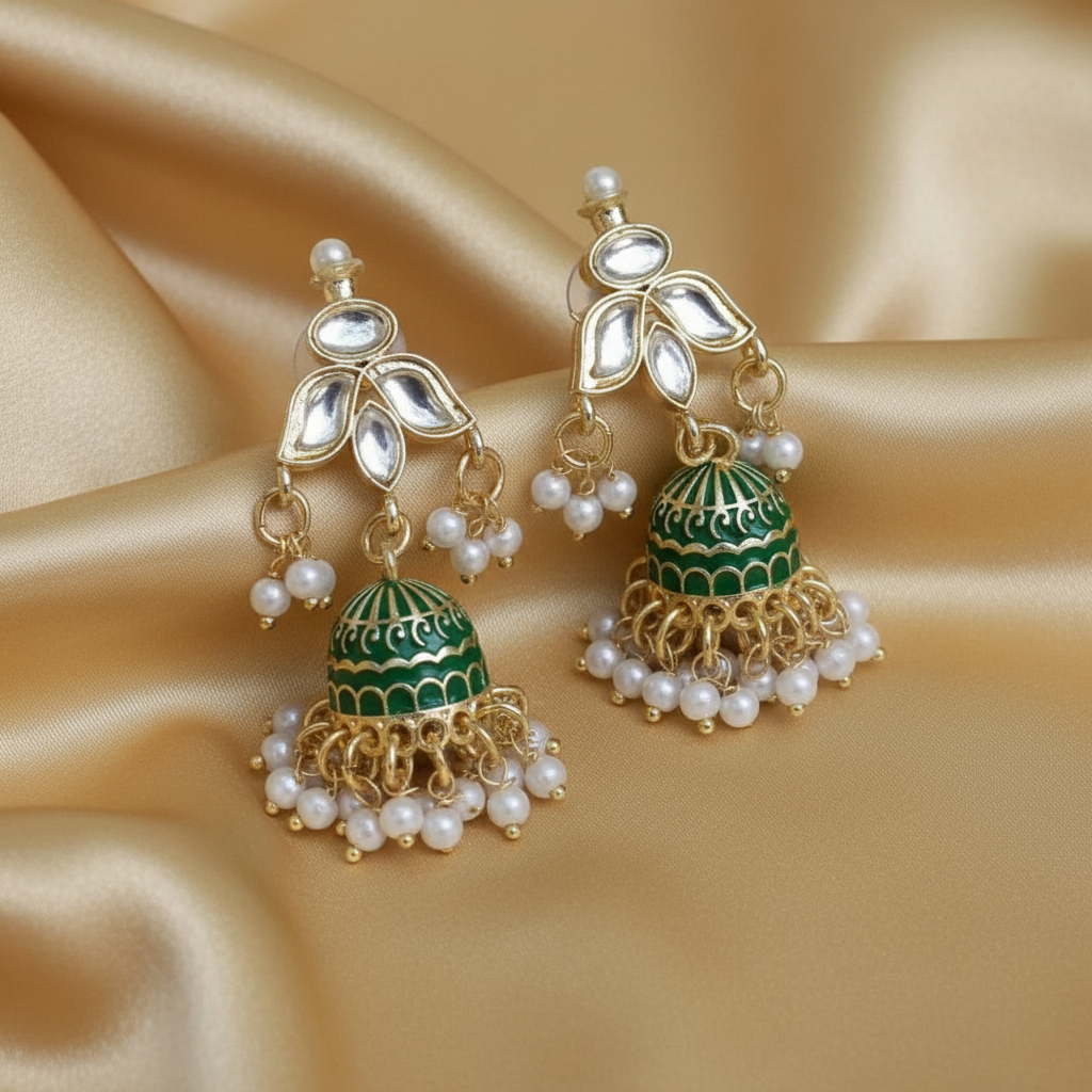 Green pearl meenakari Jhumkis