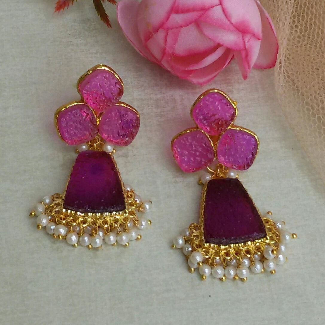 Pink and purple kundan earrings