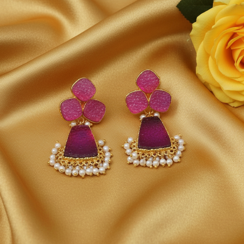 Pink and purple kundan earrings