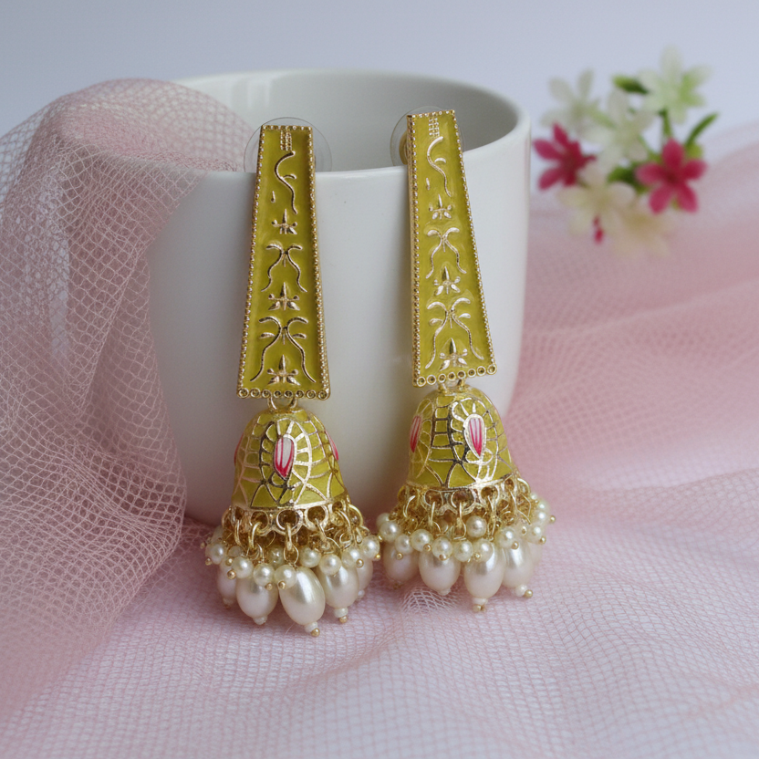 Pastel yellow  Meenakari Jhumkis