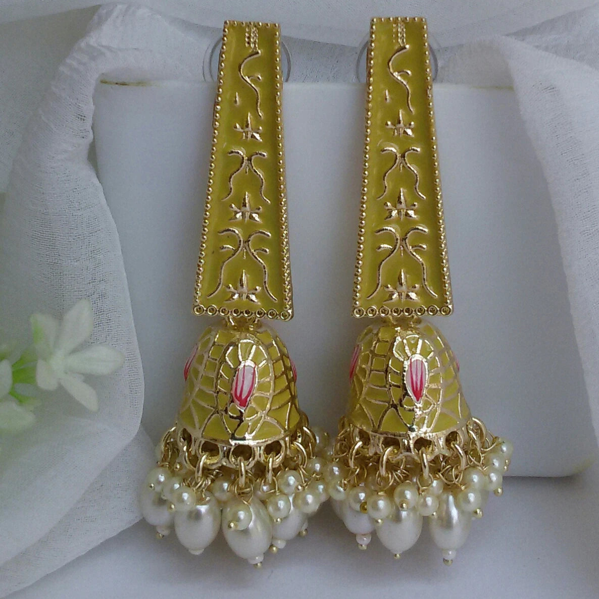 Pastel yellow  Meenakari Jhumkis