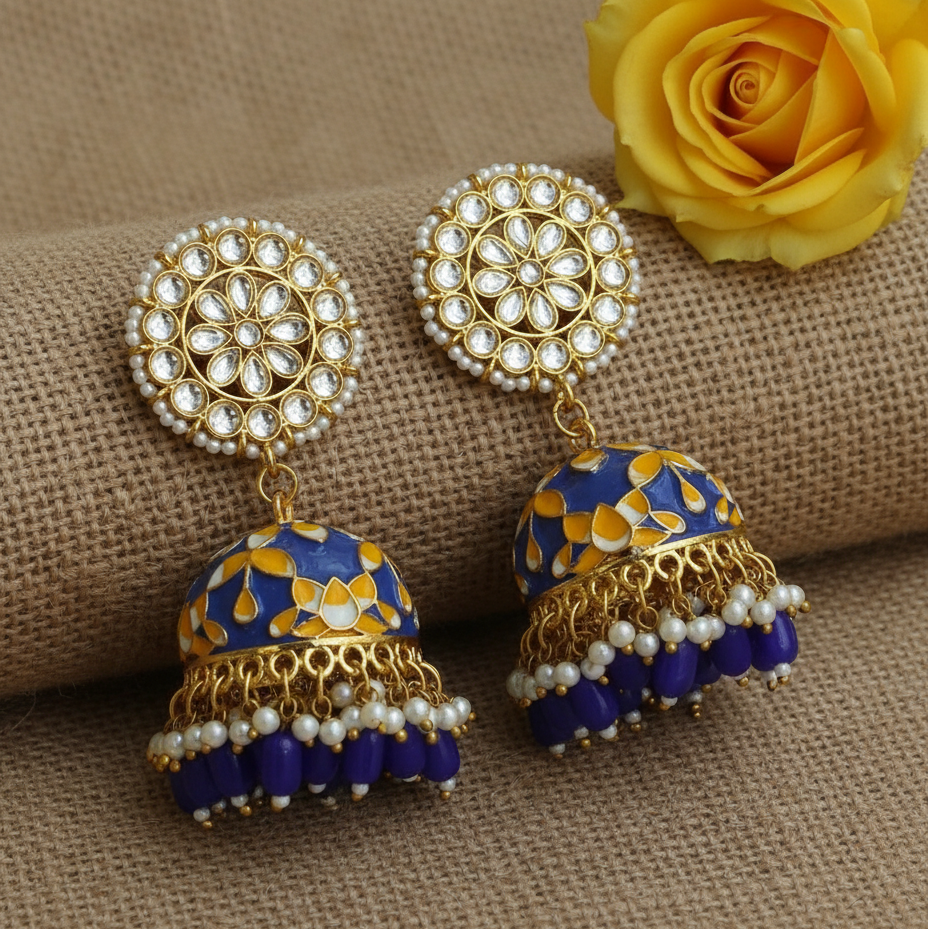 Blue and yellow Meenakari Jhumkis