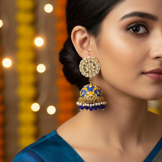 Blue and yellow Meenakari Jhumkis