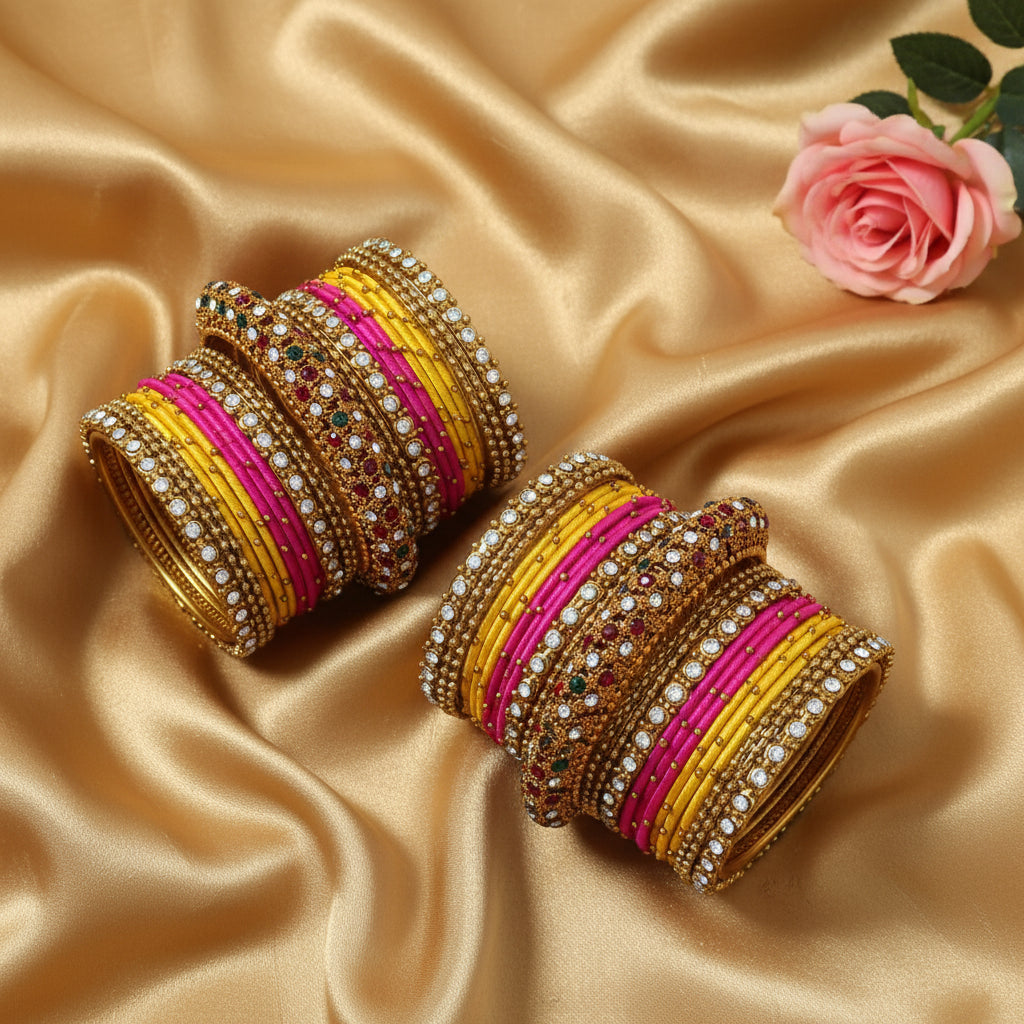 Pink and yellow Bridal bangles set