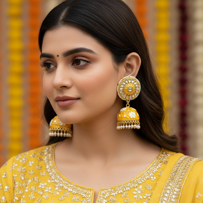 Yellow meenakari Jhumkis with kundan studs