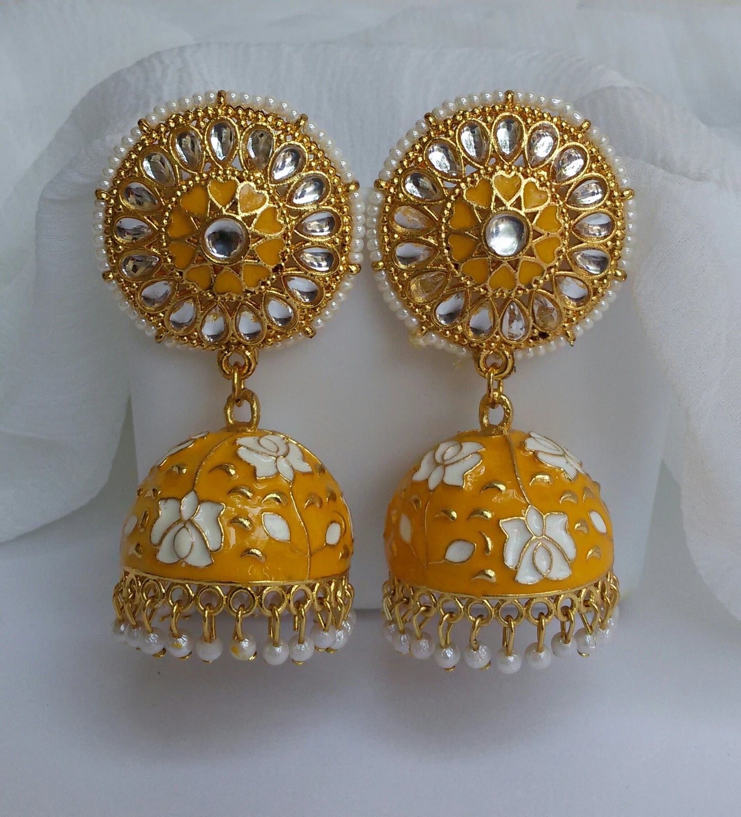 Yellow meenakari Jhumkis with kundan studs