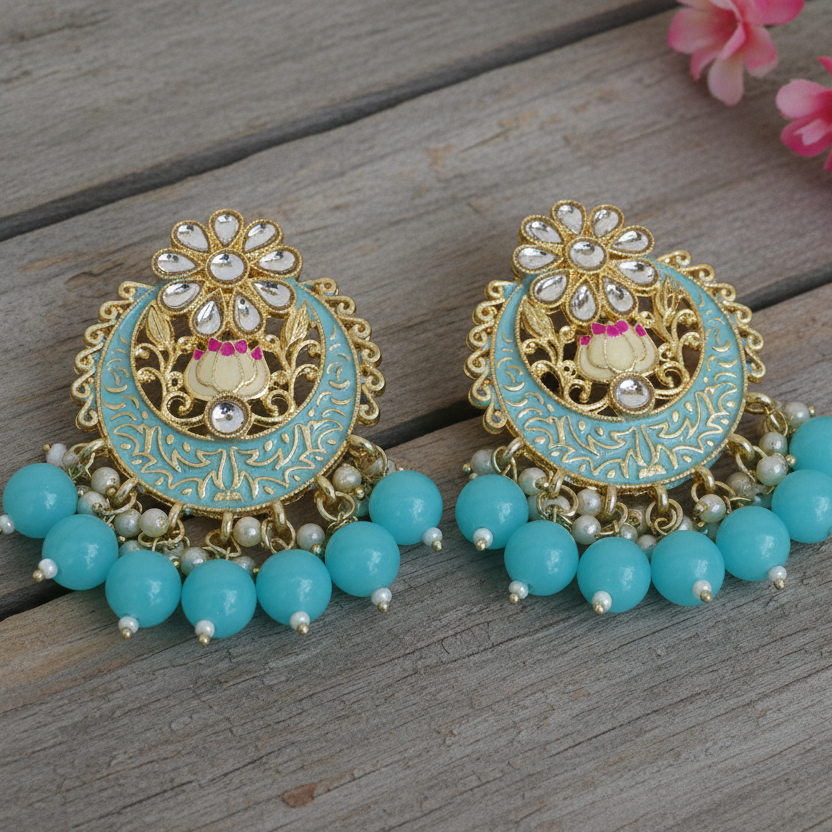 Blue Meenakari chandbali earrings