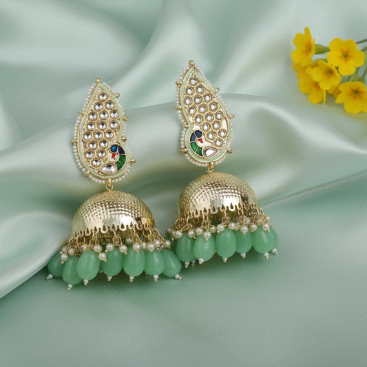 Meenakari Jhumkis with peacock stud