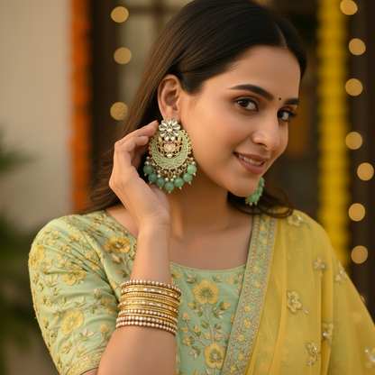 Pastel green meenakari chandbali earrings