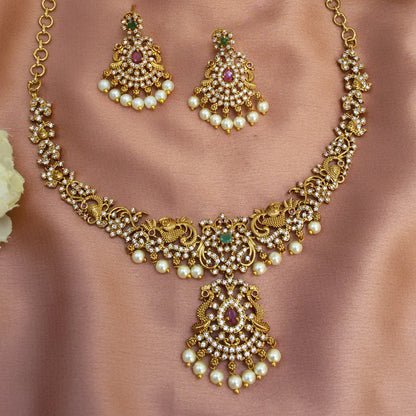 Gold plated White stone pearl necklace set