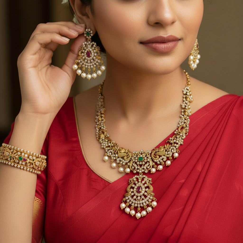 Gold plated White stone pearl necklace set
