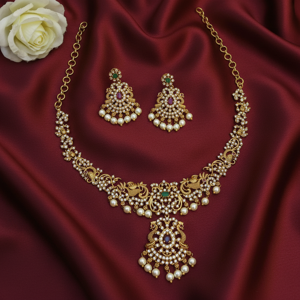 Gold plated White stone pearl necklace set