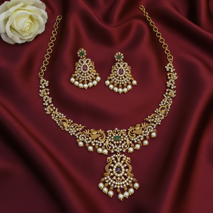 Gold plated White stone pearl necklace set