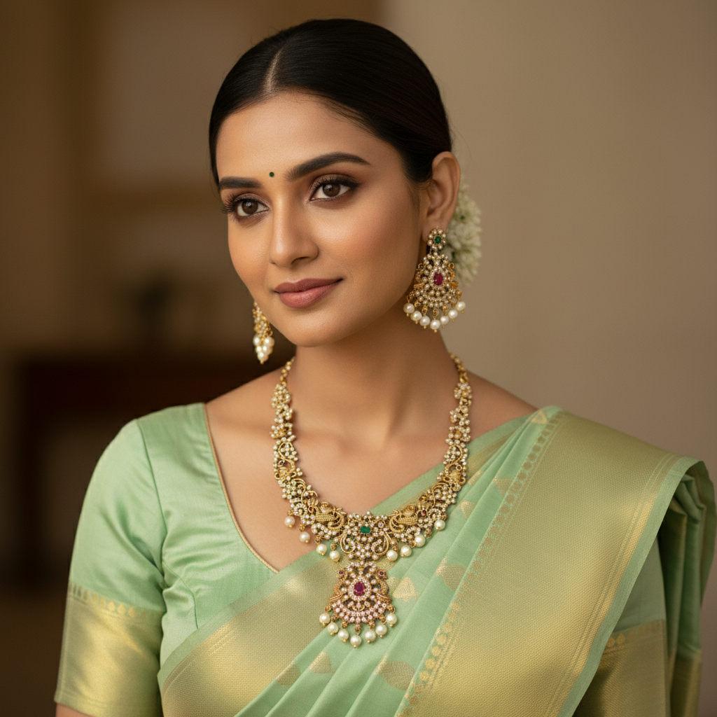 Gold plated White stone pearl necklace set