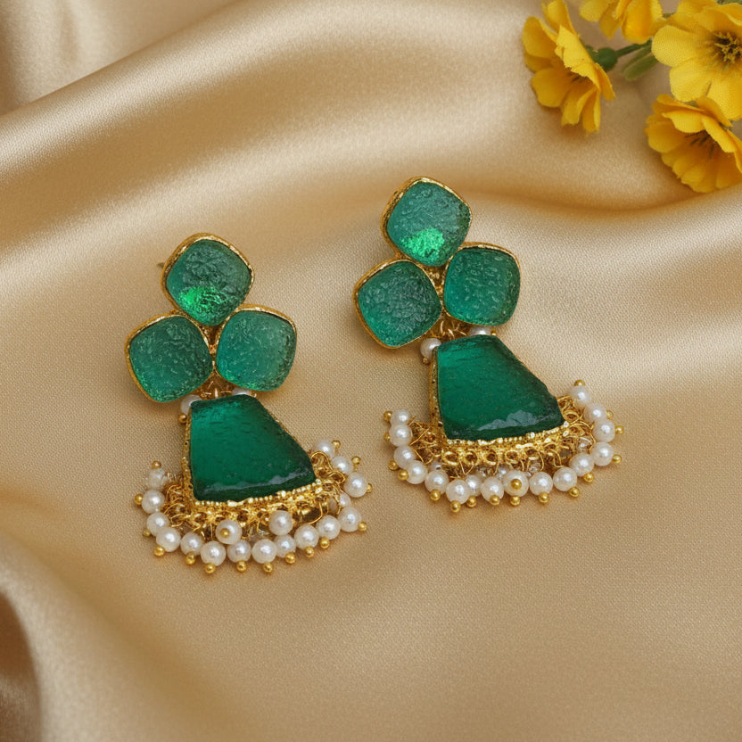 Green crystal kundan earrings
