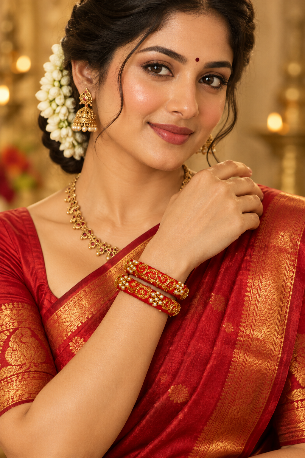 Bridal model in a red silk saree wearing Red moti raw silk bangles