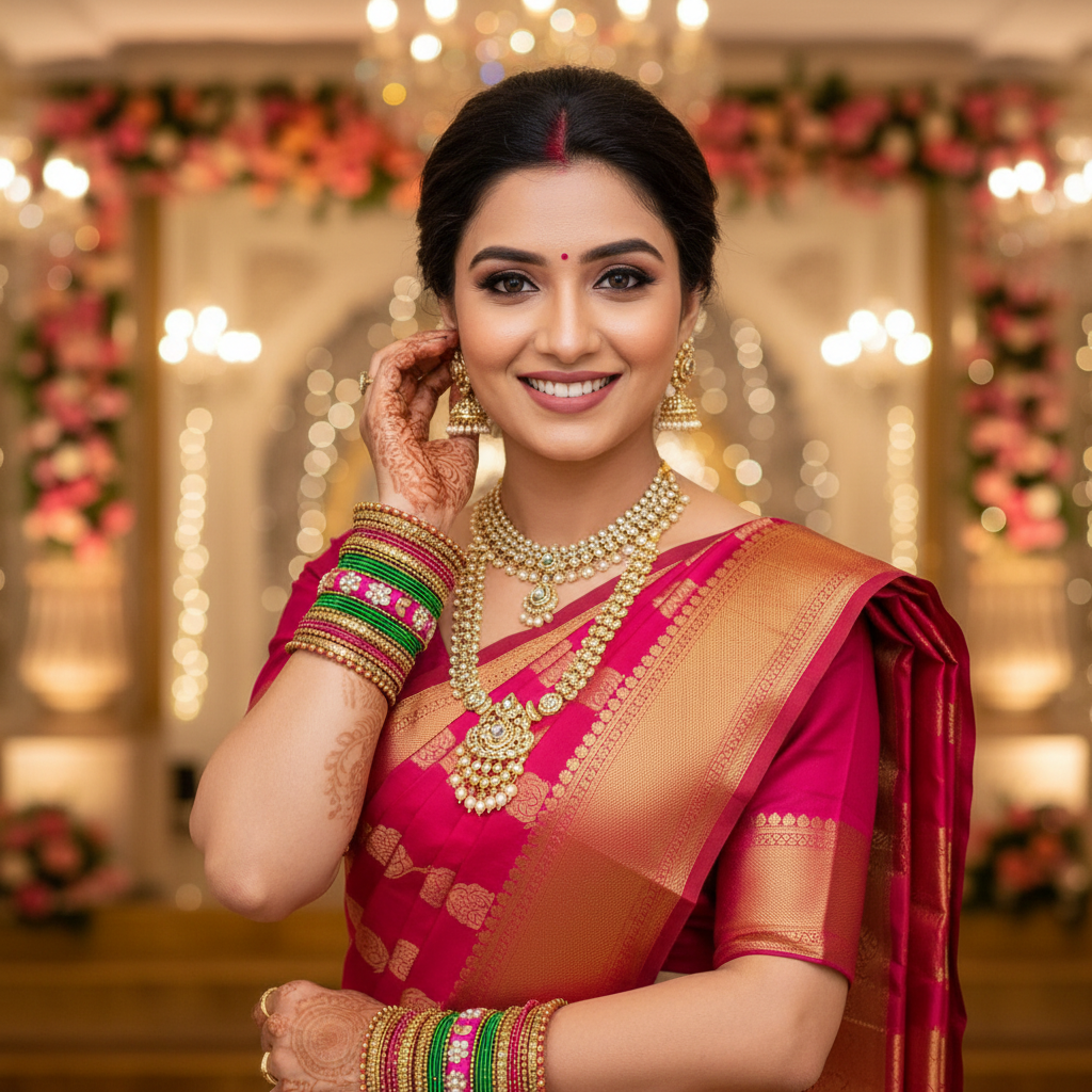 Green and pink bridal bangles set