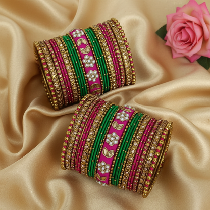 Green and pink bridal bangles set