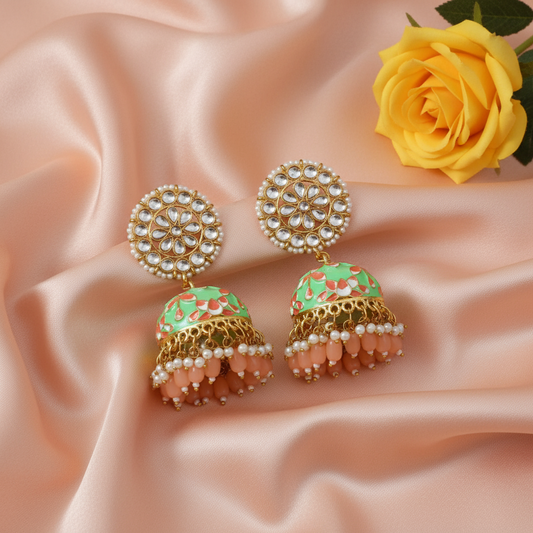 Light green meenakari Jhumkis with flower studs and beads