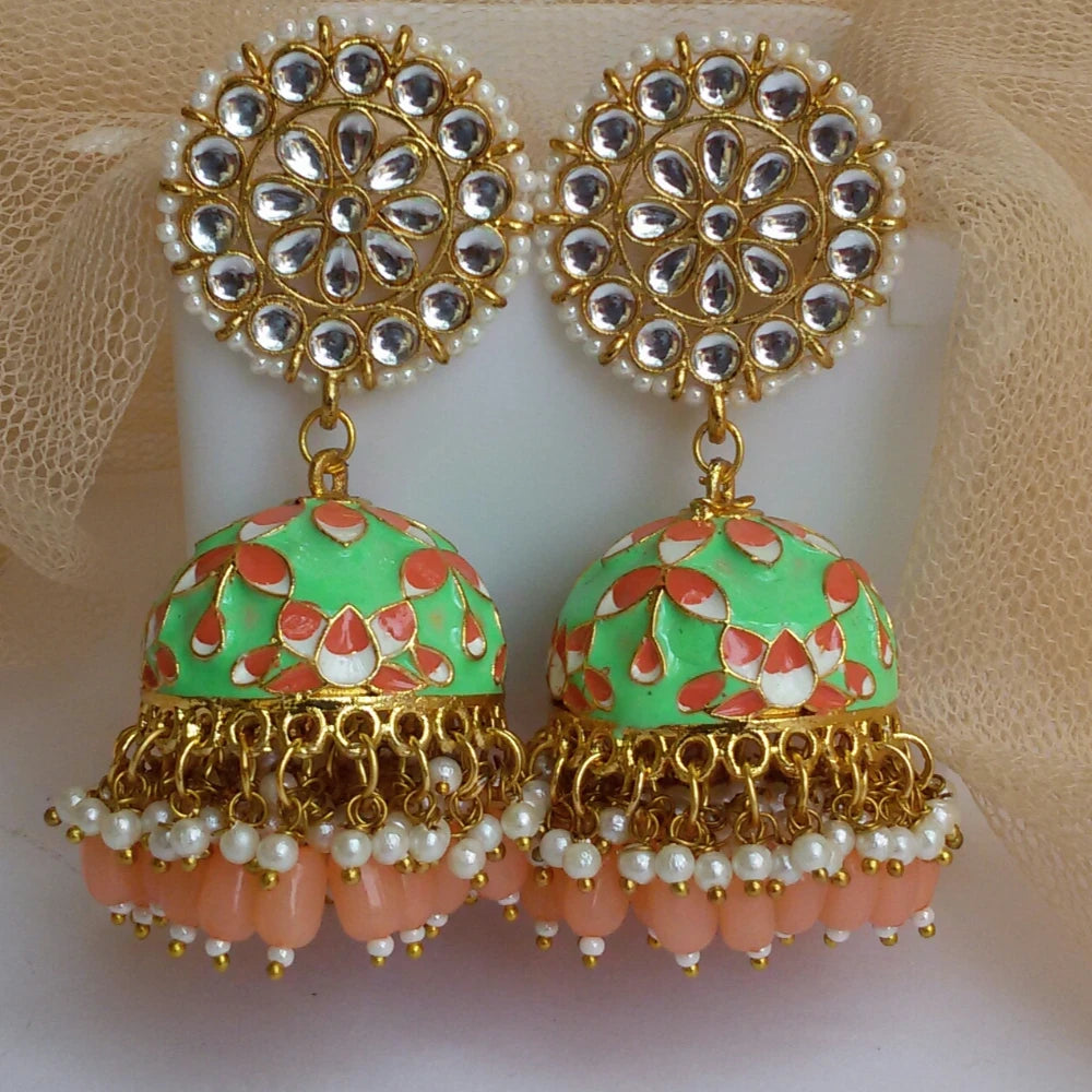 Light green meenakari Jhumkis with flower studs and beads