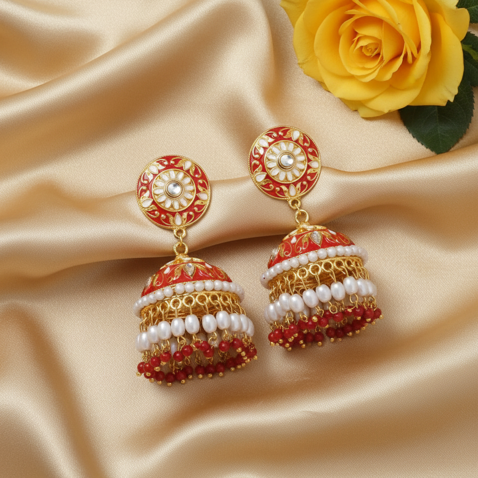 Red Meenakari Jhumkis
