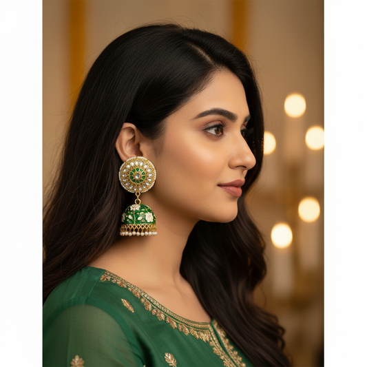 Green meenakari jhumkis with kundan studs