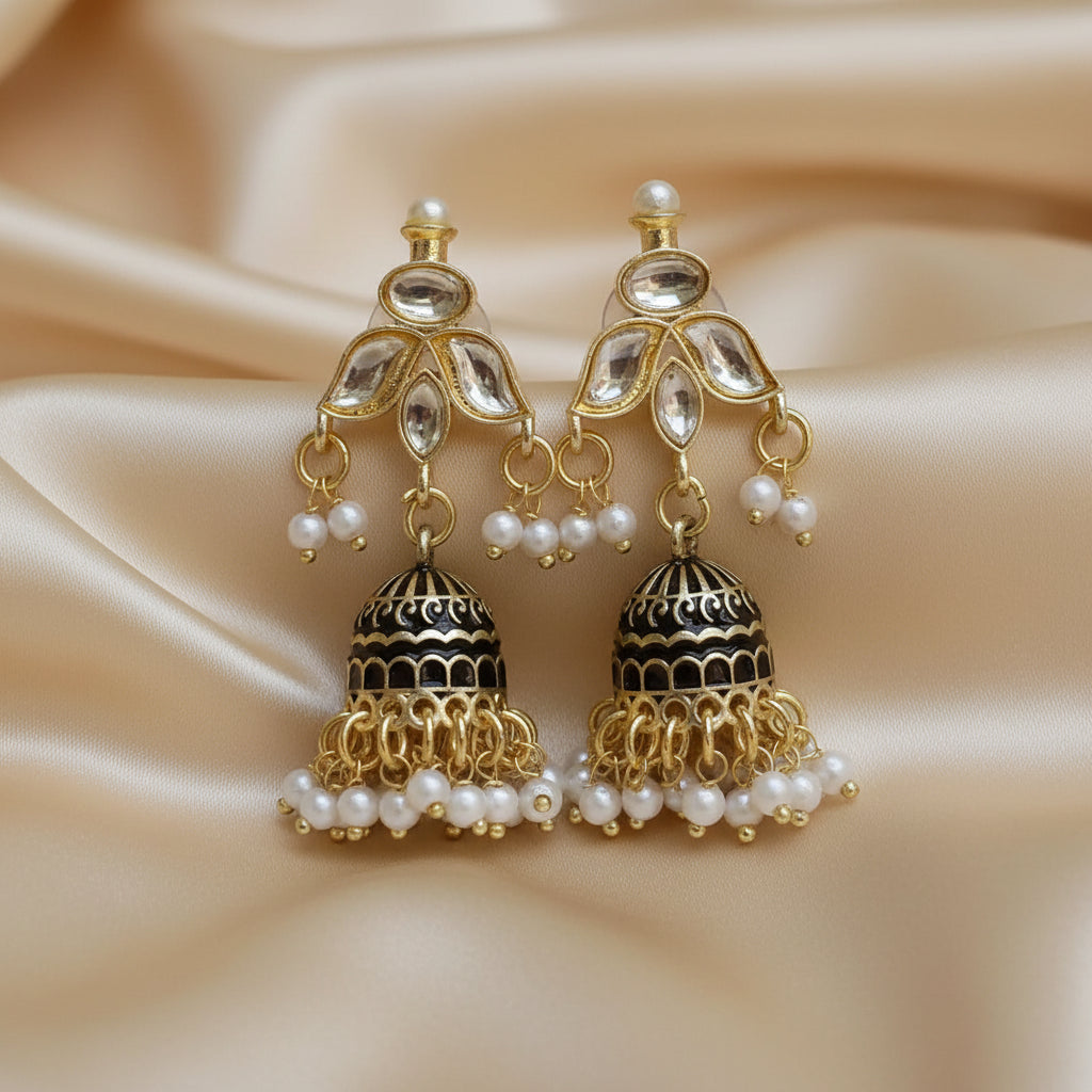 Black meenakari Jhumkis with kundan studs