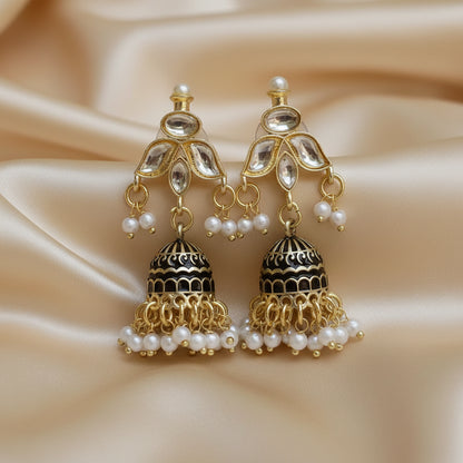 Black meenakari Jhumkis with kundan studs