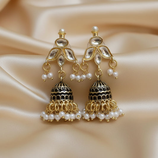 Black meenakari Jhumkis with kundan studs