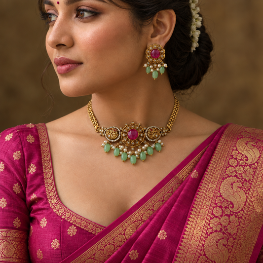Pink Deepika choker set with deep rani pink silk saree