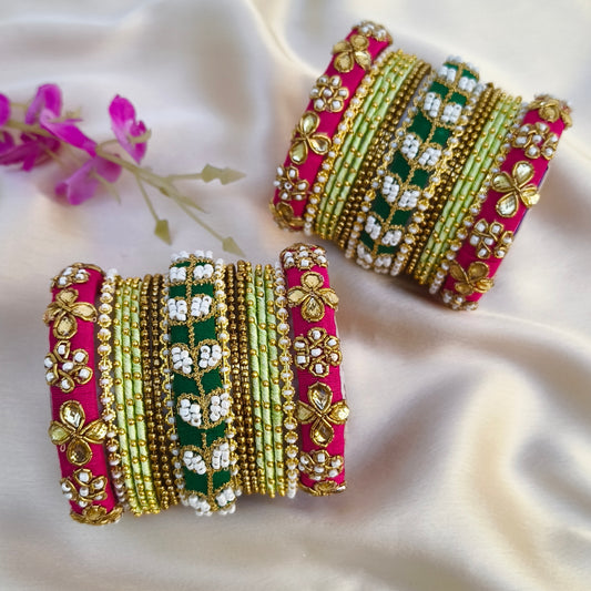 Pink pastel green Raw silk bridal bangle set