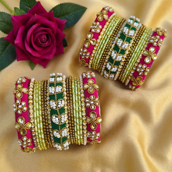 Pink pastel green Raw silk bridal bangle set