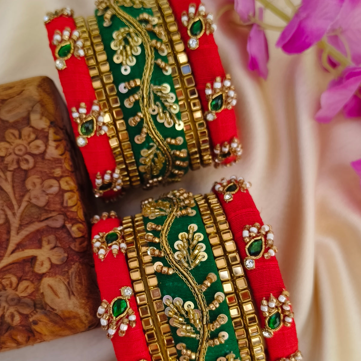 Red green Rawsilk bridal bangle set
