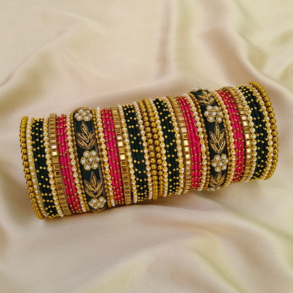 Bottle green red rawsilk bridal bangle set