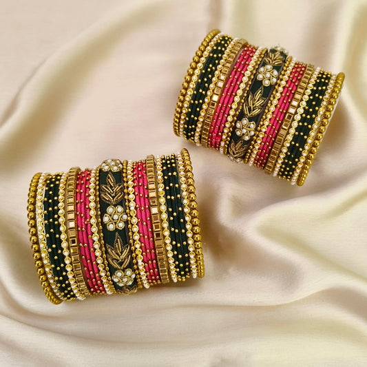 Bottle green red rawsilk bridal bangle set