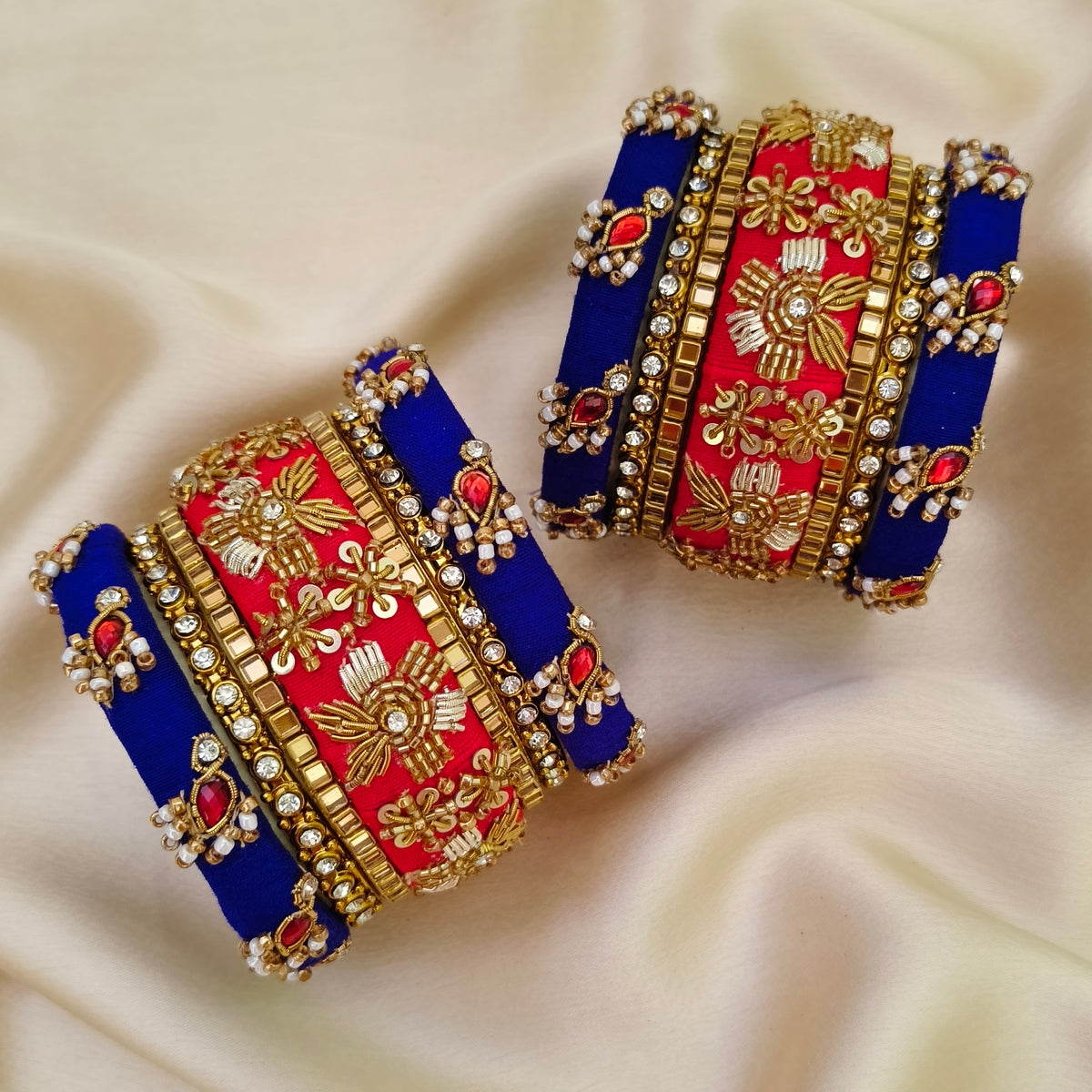 Red blue shreya Rawsilk bangle set