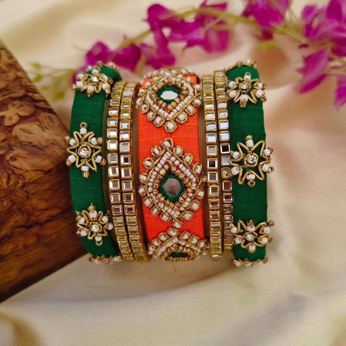 Orange green kapila Rawsilk bangle set
