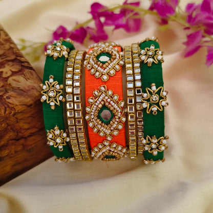 Orange green kapila Rawsilk bangle set