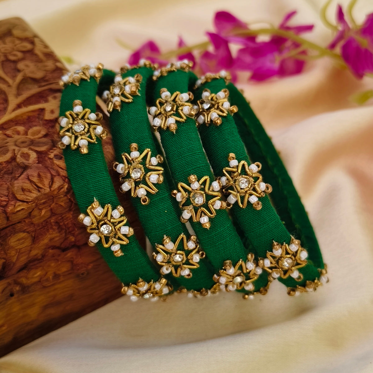 Orange green kapila Rawsilk bangle set