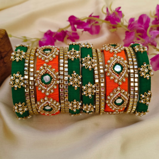 Orange green kapila Rawsilk bangle set