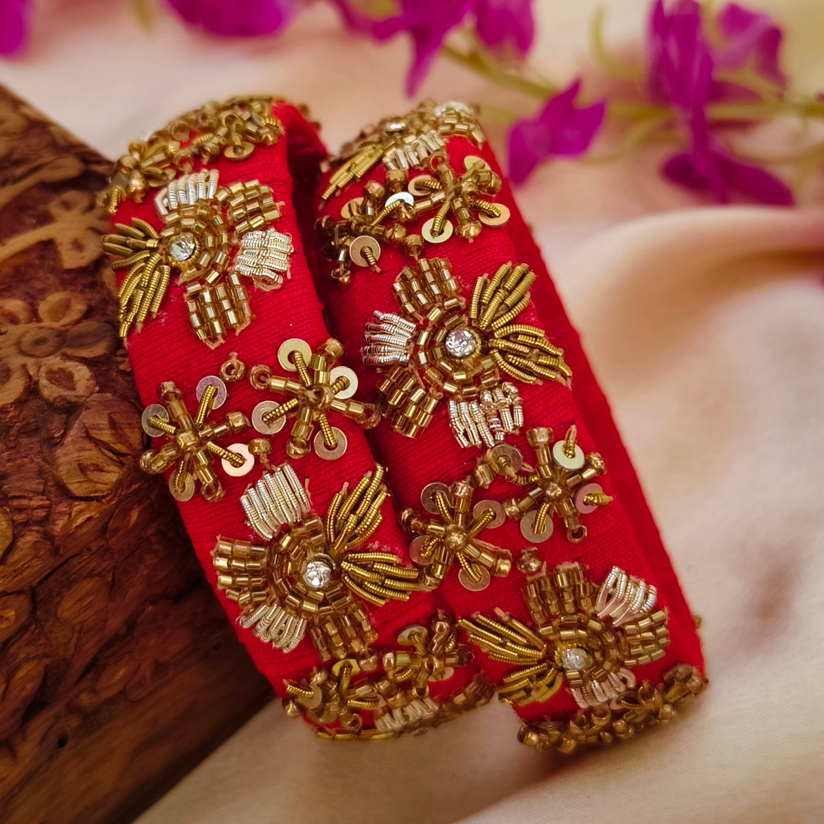 Red blue shreya Rawsilk bangle set
